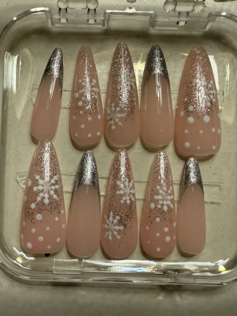 Pink and Silver Snowflake Nail Set